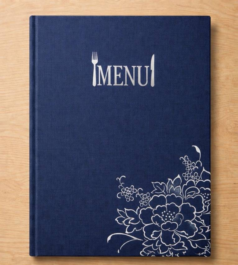 Porte-menu A4 Premium 8-en-1 en Similicuir – Design Élégant Bleu Marine Floral